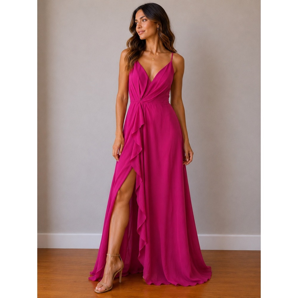 Azazie Kyedae Fuchsia Pink Chiffon‎ Ruffle Slit Bridesmaid Formal Gown Dress A14